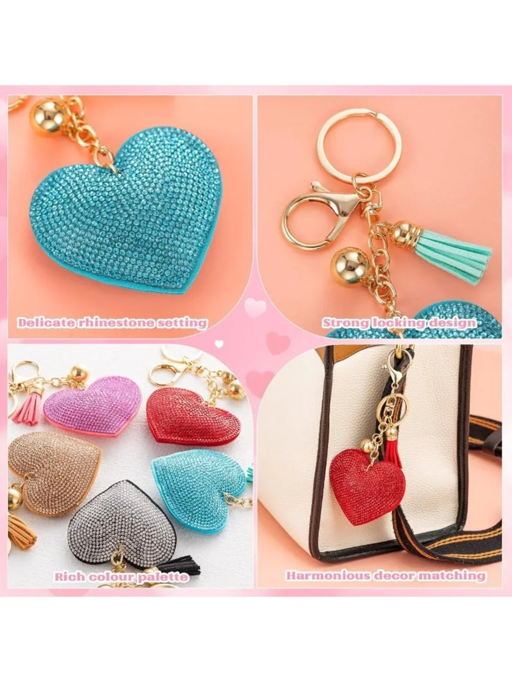Glitter Crystal Heart Keychain Set - 10 Bling Rhinestone Tassel Handbag Charms
